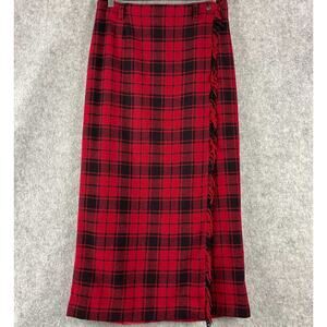 Vintage Breeches Wool Blend Wrap Skirt Womens 12 Red Plaid Fringe Holiday USA